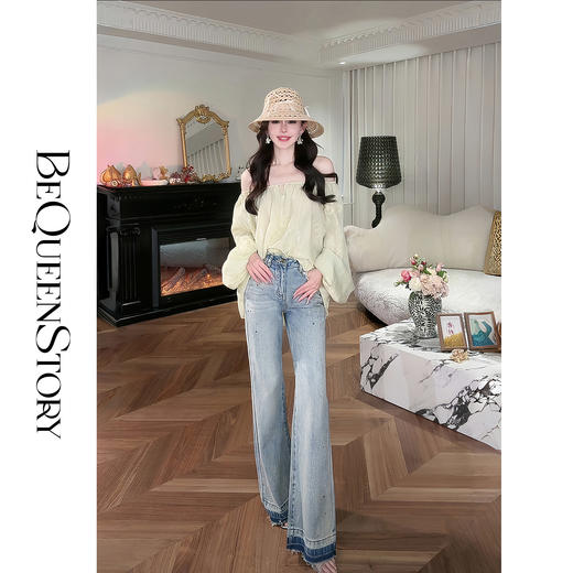 余潇潇【冰钻彩虹糖】烫钻撞色设计直筒牛仔裤精致复古2025春季新款 商品图4