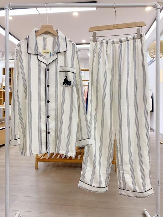 松植屋男款不负韶华竖条纹纱布睡衣套装100%纯棉面料全棉家居服 商品图1