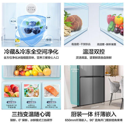 容声（Ronshen）466升 十字四开门冰箱 变频一级能效 风冷无霜 冷藏冷冻全净化  三档变温 彩晶面板BCD-466WVS1FPC 商品图2