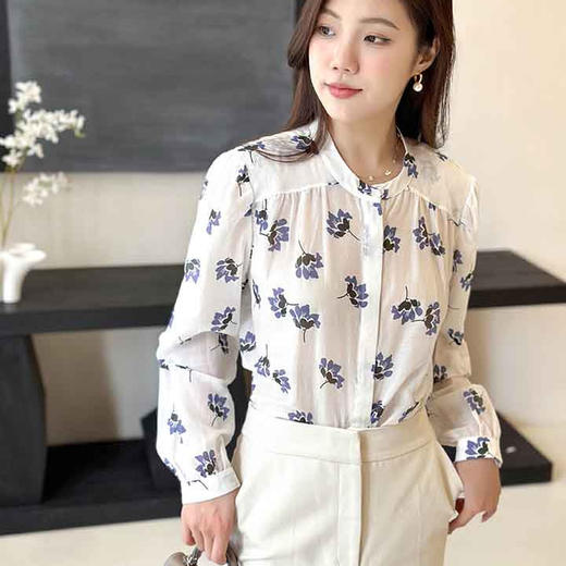 顺丰包邮洛诗琳13343春季新款小清新印花窄领丝绵衬衫女0875 商品图0