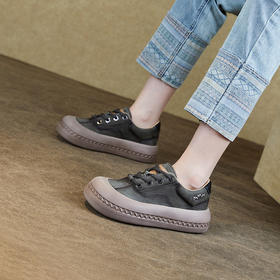 圆头复古深口单鞋，厚底系带时尚休闲鞋真皮板鞋ZM231244