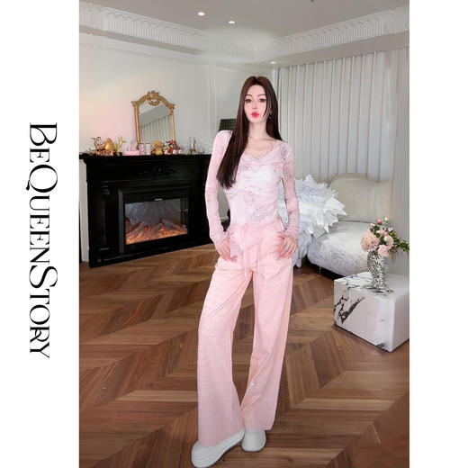 余潇潇【甜蜜宠儿】100棉波纹手工烫钻抽绳直筒牛仔裤2025春装新款 商品图2