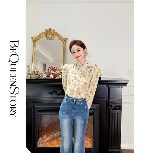 余潇潇【春野时光】2025春装新款纯亚麻印花法式宽松木耳边立领小衫 商品图4