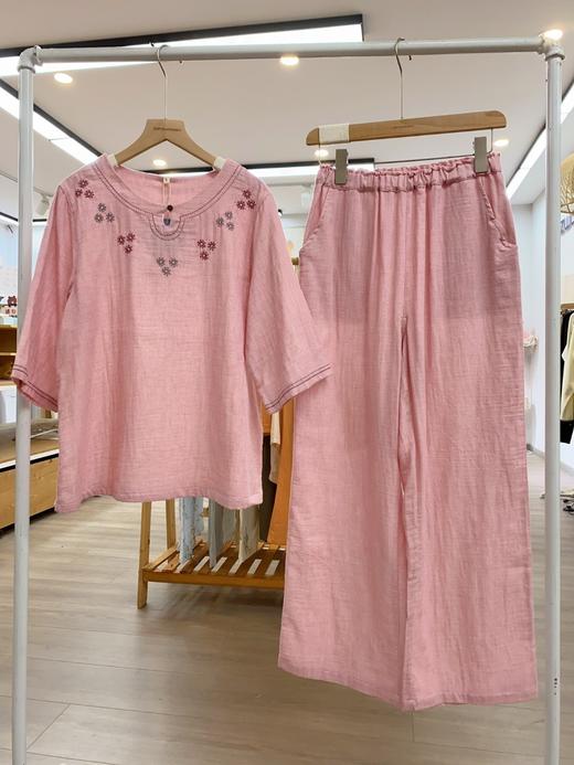 松植屋女士《白喆》圆领七分袖九分裤睡衣套装女款色织双层纱家居服 商品图1