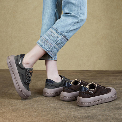 圆头复古深口单鞋，厚底系带时尚休闲鞋真皮板鞋ZM231244 商品图1