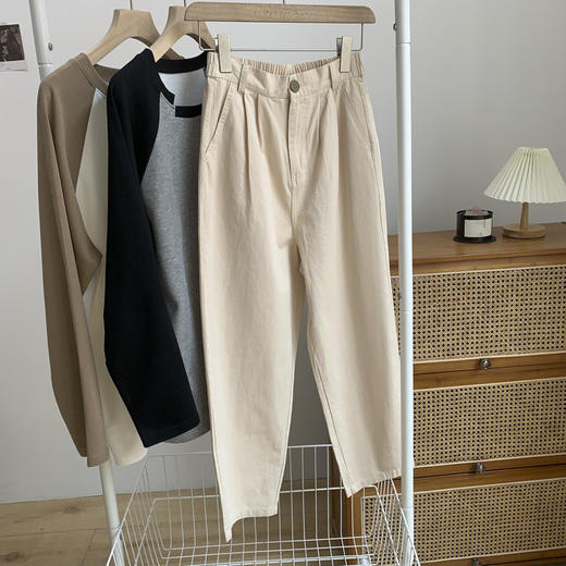简约日系风全棉工装裤女秋季松紧高腰显瘦百搭宽松休闲九分萝卜裤 商品图5