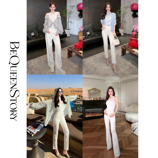 余潇潇【漫步生花】2025春装新款棉天丝混纺拼白色蕾丝欧若风牛仔裤 商品图0