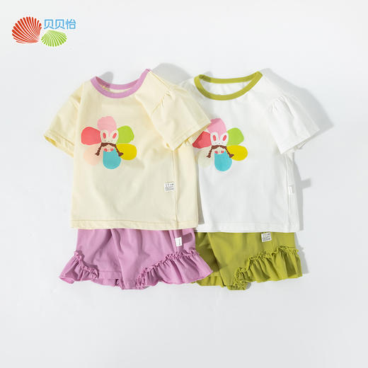 贝贝怡25夏季新款女童卡通印花冰感短袖T恤花边宽松凉感短裤休闲套装ZB2ET002 商品图4
