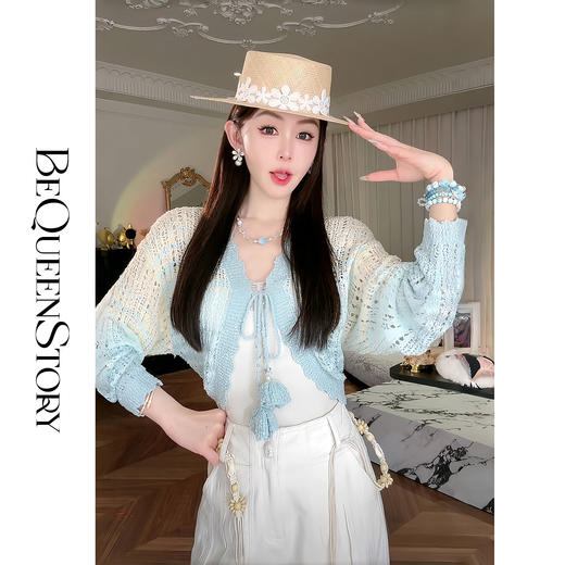 余潇潇【奶油浪花】百搭绑带短款镂空设计V领针织开衫2025春季新款 商品图0