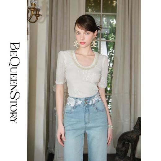 【孤品样衣，不退不换】【合欢花语】2025早春新款显瘦气质百搭领口蕾丝花边针织T恤 商品图0