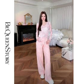 余潇潇【甜蜜宠儿】100棉波纹手工烫钻抽绳直筒牛仔裤2025春装新款