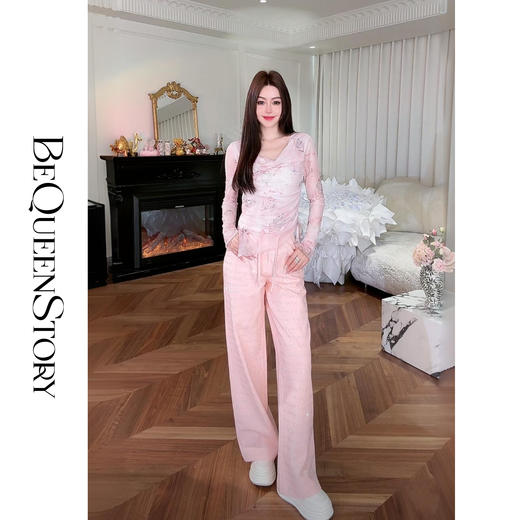 余潇潇【甜蜜宠儿】100棉波纹手工烫钻抽绳直筒牛仔裤2025春装新款 商品图0