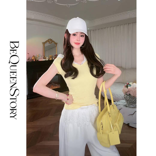 余潇潇【寻梦甜心】2025春装新款设计感针织凉爽纱线蕾丝帽子短袖 商品图4