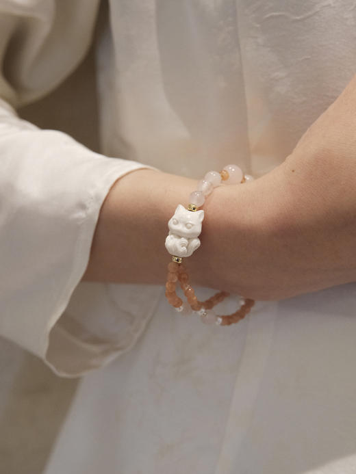 MELI&MOLI |猛犸象牙精雕小狐狸珠 太阳石粉水晶手链—五行之金 商品图1