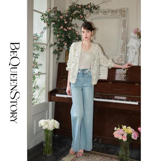 余潇潇【半岛芭蕾】2025早春新款时尚百搭蕾丝腰边直筒蓝色牛仔裤 商品图3