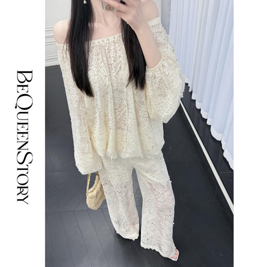 余潇潇【藤花蔓影】手工钉珠高级感蕾丝上衣&休闲裤2025春装新款 商品图3