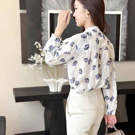 顺丰包邮洛诗琳13343春季新款小清新印花窄领丝绵衬衫女0875 商品图3