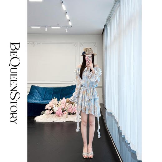 余潇潇【鸢尾奇境】经典百搭荷叶边一字肩收腰连衣裙2025春季新款 商品图2