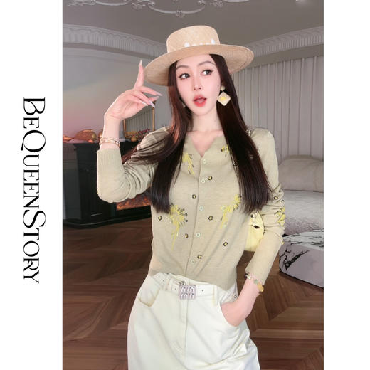 余潇潇【梦露奇想】2025春装新款珠片刺绣绵羊毛混纺圆领修身针织衫 商品图2