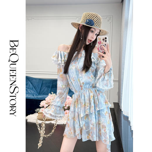 余潇潇【鸢尾奇境】经典百搭荷叶边一字肩收腰连衣裙2025春季新款 商品图3