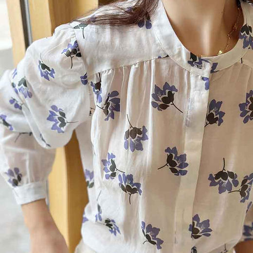 顺丰包邮洛诗琳13343春季新款小清新印花窄领丝绵衬衫女0875 商品图1