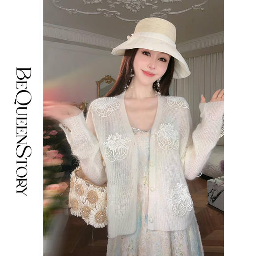 余潇潇【珍珠织梦】2025春装新款立体贴花绵羊毛马海毛混纺v领开衫 商品图2