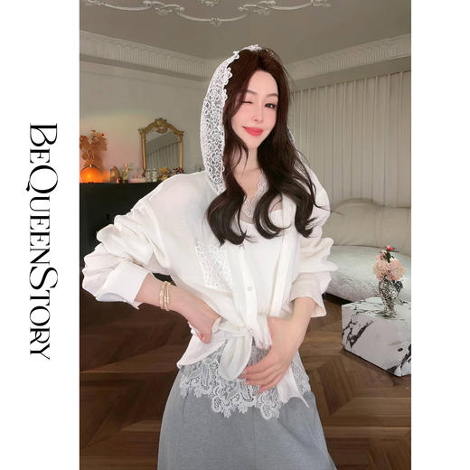 余潇潇【简爱礼赞】2025春装新款设计感亚麻混纺蕾丝连帽长袖衬衫 商品图0