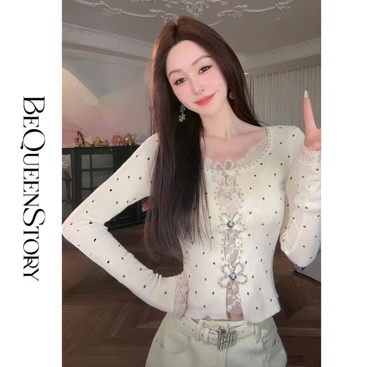 【孤品样衣，不退不换】【星光波动】2025春装新款气质拼接蕾丝弹力波点方领针织衫 商品图4