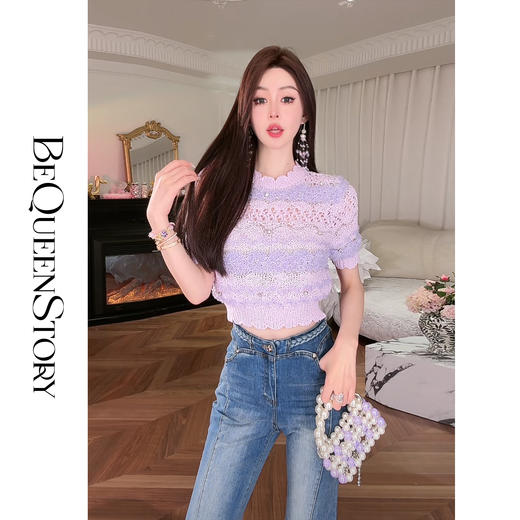 余潇潇【水晶爱恋】2025春装新款轻奢层次感纱线镂空圆领短袖针织 商品图4