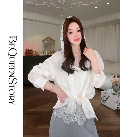 余潇潇【简爱礼赞】2025春装新款设计感亚麻混纺蕾丝连帽长袖衬衫 商品图2