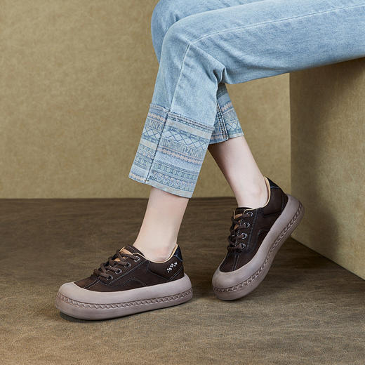 圆头复古深口单鞋，厚底系带时尚休闲鞋真皮板鞋ZM231244 商品图2