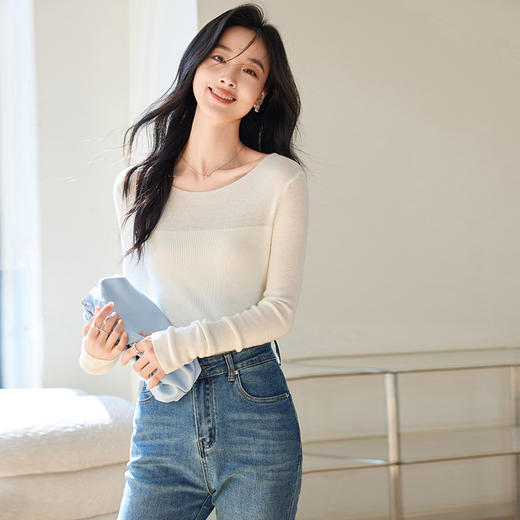 VICTORIA&VERA女装春季“内搭伴侣”简约气质肩部半透小性感修身针织衫 商品图6