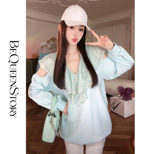 余潇潇【元气曼波】2025春装新款欧若风拼接花边露肩卫衣&休闲裤 商品图0