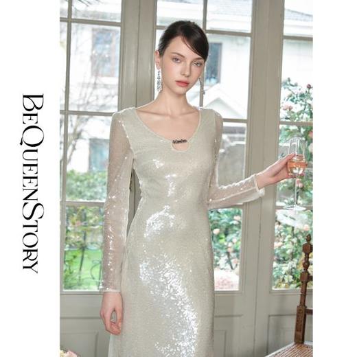 余潇潇【月光典藏】2025早春气质圆领重工亮片轻奢高级感优雅连衣裙 商品图4