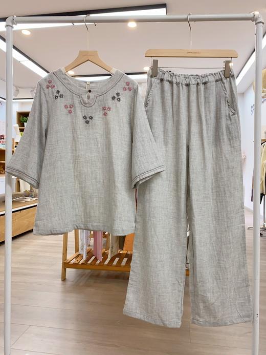 松植屋女士《白喆》圆领七分袖九分裤睡衣套装女款色织双层纱家居服 商品图6