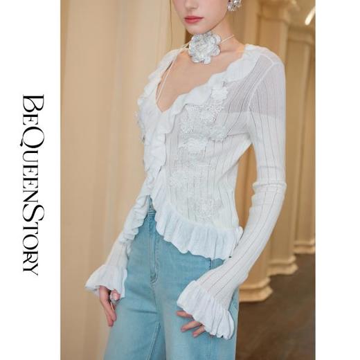 余潇潇【清迈雨季】2025春装新款气质时尚百搭法式木耳边蕾丝针织衫 商品图4