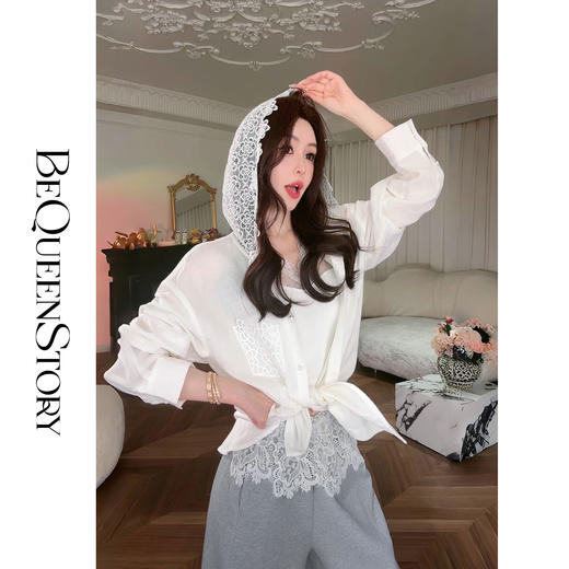 余潇潇【简爱礼赞】2025春装新款设计感亚麻混纺蕾丝连帽长袖衬衫 商品图4