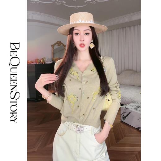 余潇潇【梦露奇想】2025春装新款珠片刺绣绵羊毛混纺圆领修身针织衫 商品图0