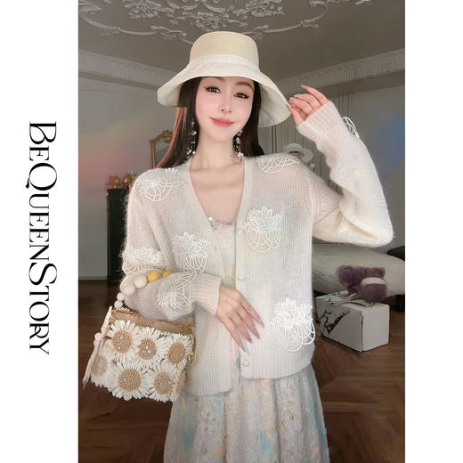 余潇潇【珍珠织梦】2025春装新款立体贴花绵羊毛马海毛混纺v领开衫 商品图4