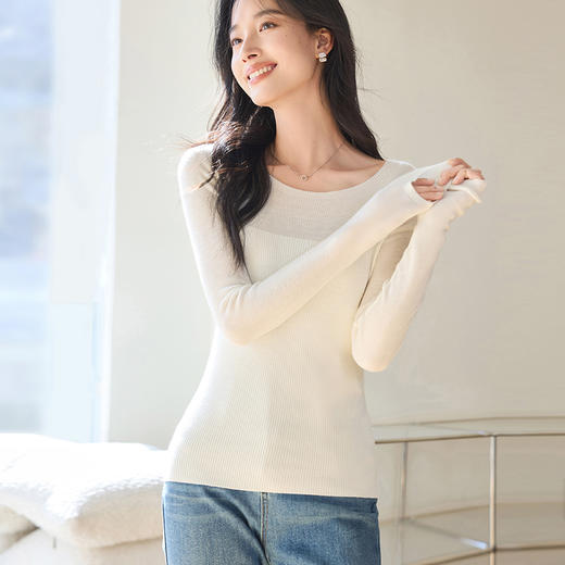 VICTORIA&VERA女装春季“内搭伴侣”简约气质肩部半透小性感修身针织衫 商品图4