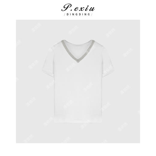 03-4潘依绣丁丁宠粉简约设计优雅风气质通勤V领钉珠短袖T恤 W-62238 商品图1