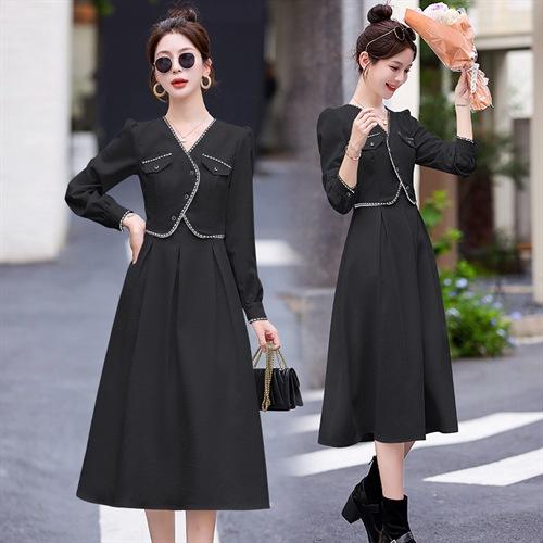 假两件连衣裙时尚气质名媛显瘦收腰长袖裙子HR-LMJY6665 商品图1