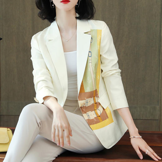 白色印花真丝西装外套，女士职业休闲时尚上衣KQN-92170 商品图2
