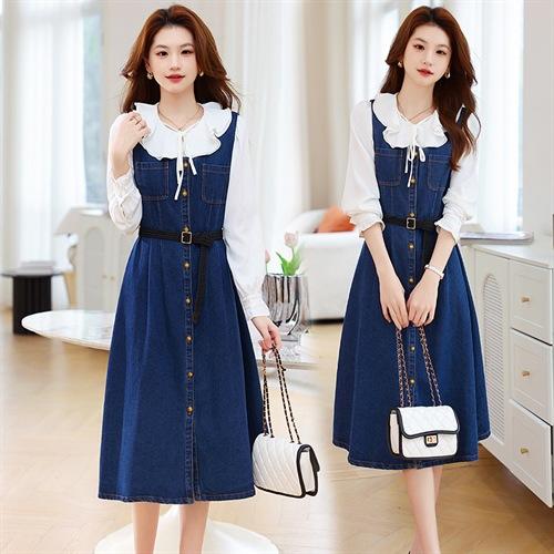2025年春季时尚气质木耳领衬衫修身显瘦吊带牛仔连衣裙套装HR-ABS25011 商品图0
