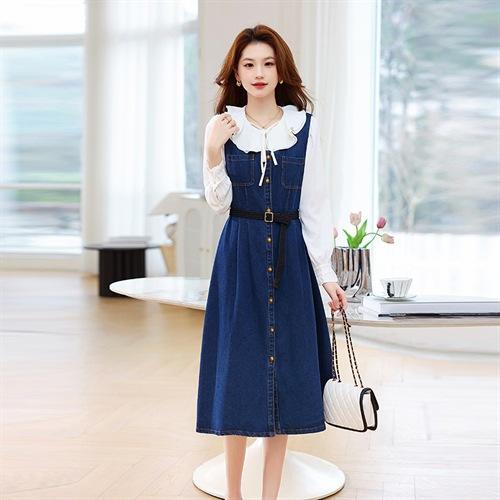 2025年春季时尚气质木耳领衬衫修身显瘦吊带牛仔连衣裙套装HR-ABS25011 商品图3