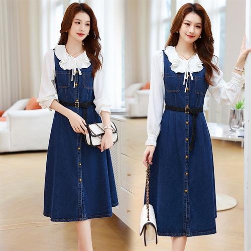 2025年春季时尚气质木耳领衬衫修身显瘦吊带牛仔连衣裙套装HR-ABS25011 商品图1