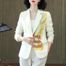 白色印花真丝西装外套，女士职业休闲时尚上衣KQN-92170