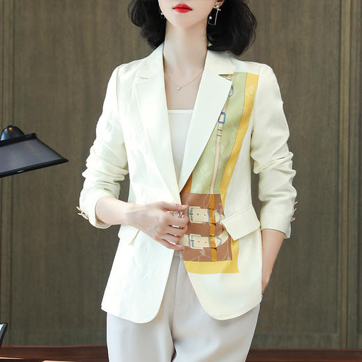 白色印花真丝西装外套，女士职业休闲时尚上衣KQN-92170 商品图0