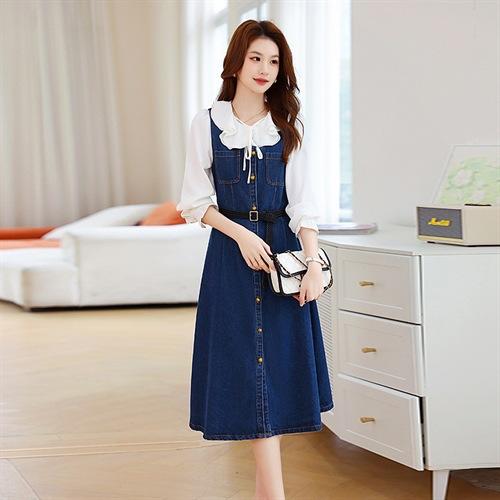 2025年春季时尚气质木耳领衬衫修身显瘦吊带牛仔连衣裙套装HR-ABS25011 商品图4