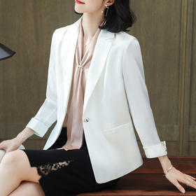真丝设计感白色小西装外套，薄款通勤九分袖西服桑蚕丝工作服KQN-92165